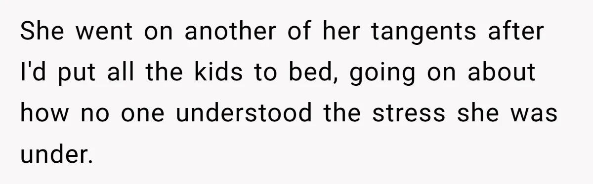She went on another of her tangents after I'd put all the kids to bed, going on about how no one understood the stress she was under.