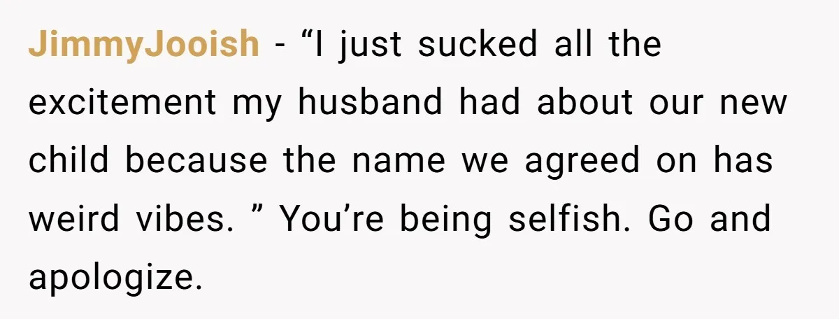 JimmyJooish − “I just sucked all the excitement my husband had about our new child because the name we agreed on has weird vibes. ” You’re being selfish. Go and...