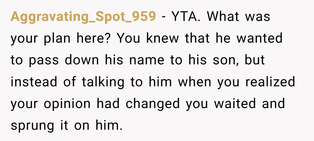 Aggravating_Spot_959 − YTA. What was your plan here? You knew that he wanted to pass down his name to his son, but instead of talking to him when you realized...