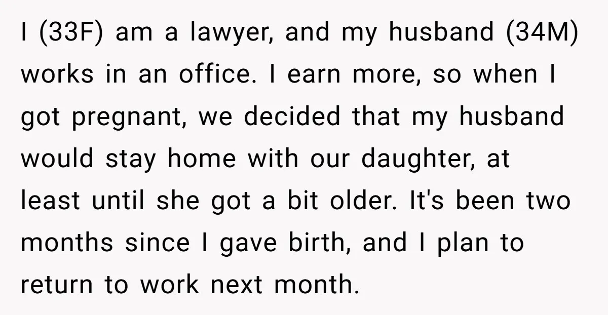 I (33F) am a lawyer, and my husband (34M) works in an office. I earn more, so when I got pregnant, we decided that my husband would stay home with...