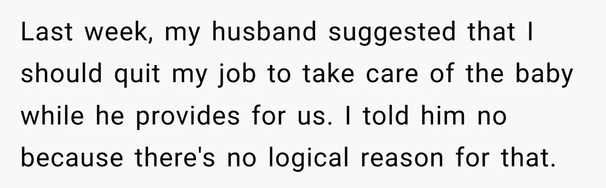Last week, my husband suggested that I should quit my job to take care of the baby while he provides for us. I told him no because there's no logical...