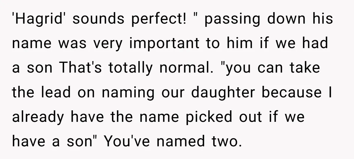'Hagrid' sounds perfect! " passing down his name was very important to him if we had a son That's totally normal. "you can take the lead on naming our daughter...