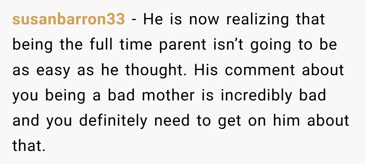 susanbarron33 − He is now realizing that being the full time parent isn’t going to be as easy as he thought. His comment about you being a bad mother is...
