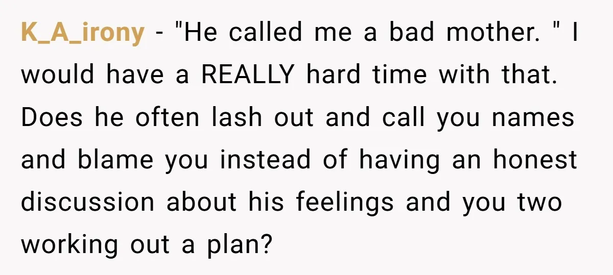 K_A_irony − "He called me a bad mother. " I would have a REALLY hard time with that. Does he often lash out and call you names and blame you...