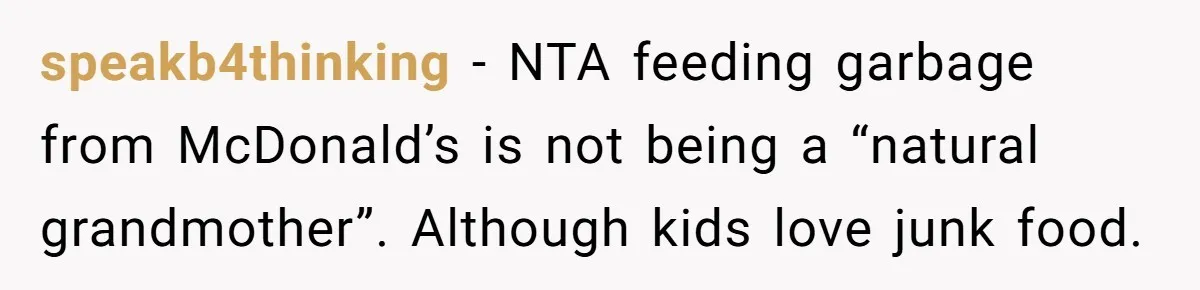 speakb4thinking − NTA feeding garbage from McDonald’s is not being a “natural grandmother”. Although kids love junk food.