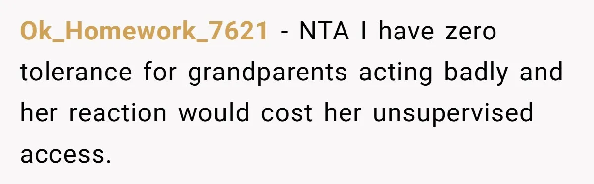 Ok_Homework_7621 − NTA I have zero tolerance for grandparents acting badly and her reaction would cost her unsupervised access.
