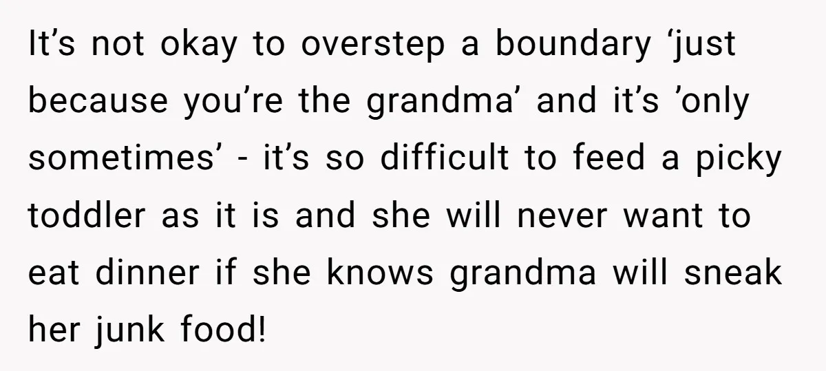 It’s not okay to overstep a boundary ‘just because you’re the grandma’ and it’s ’only sometimes’ - it’s so difficult to feed a picky toddler as it is and she...