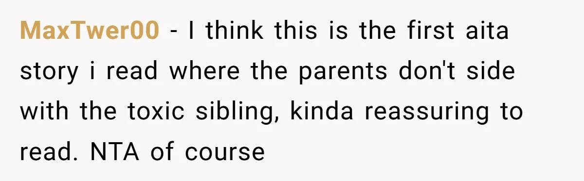 MaxTwer00 − I think this is the first aita story i read where the parents don't side with the toxic sibling, kinda reassuring to read. NTA of course