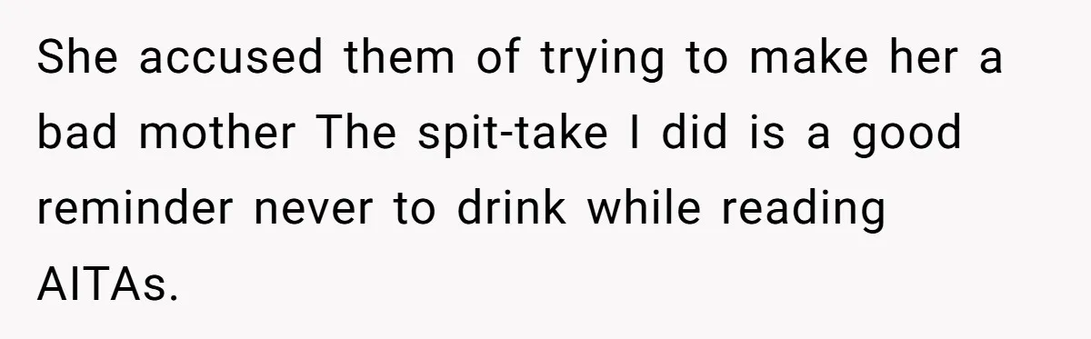 She accused them of trying to make her a bad mother The spit-take I did is a good reminder never to drink while reading AITAs.