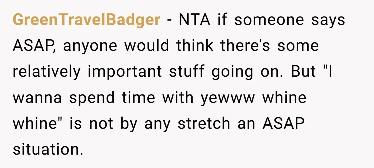 GreenTravelBadger − NTA if someone says ASAP, anyone would think there's some relatively important stuff going on. But "I wanna spend time with yewww whine whine" is not by any...