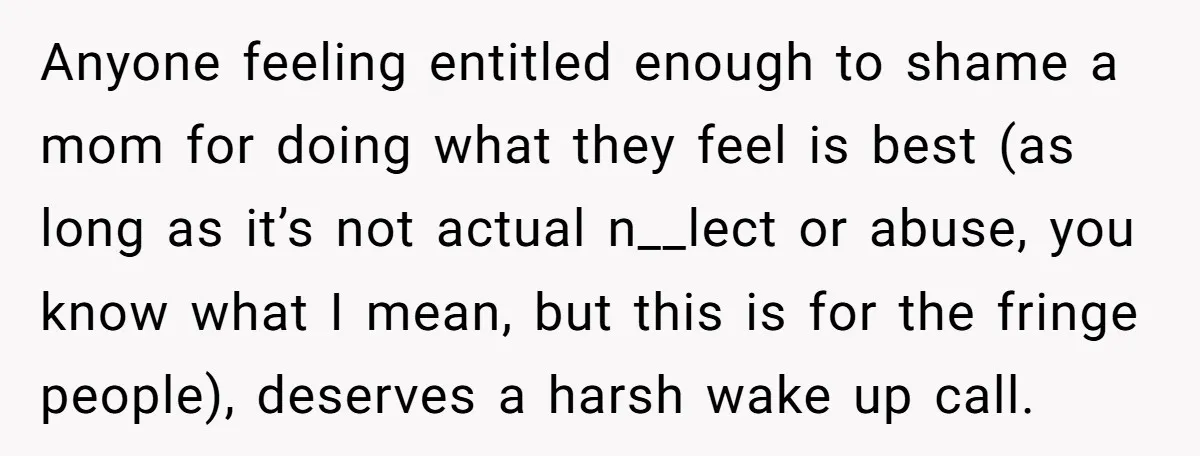 Anyone feeling entitled enough to shame a mom for doing what they feel is best (as long as it’s not actual n__lect or abuse, you know what I mean, but...