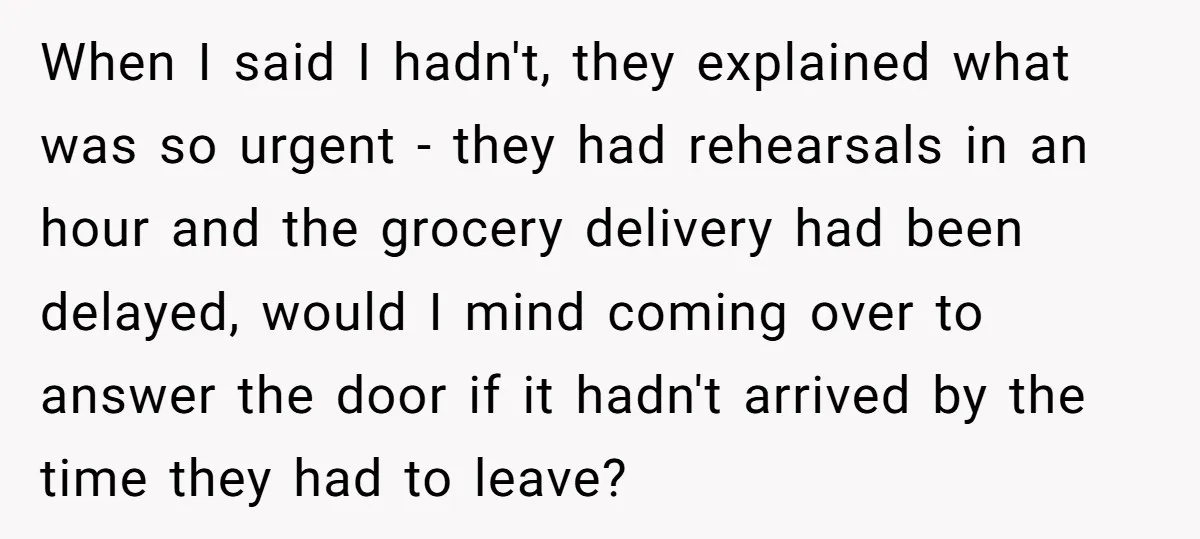 When I said I hadn't, they explained what was so urgent - they had rehearsals in an hour and the grocery delivery had been delayed, would I mind coming over...