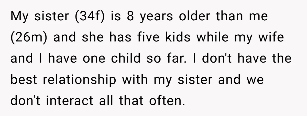 My sister (34f) is 8 years older than me (26m) and she has five kids while my wife and I have one child so far. I don't have the best...