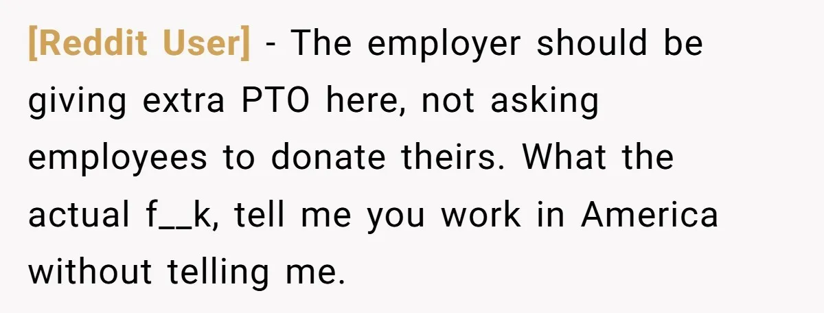 [Reddit User] − The employer should be giving extra PTO here, not asking employees to donate theirs. What the actual f__k, tell me you work in America without telling me.