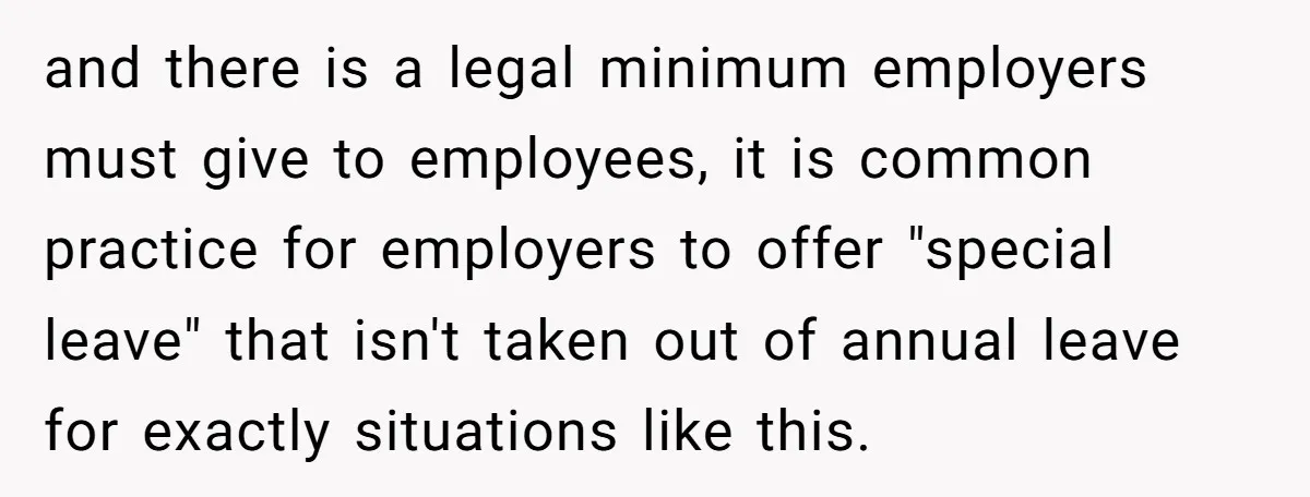 and there is a legal minimum employers must give to employees, it is common practice for employers to offer "special leave" that isn't taken out of annual leave for exactly...