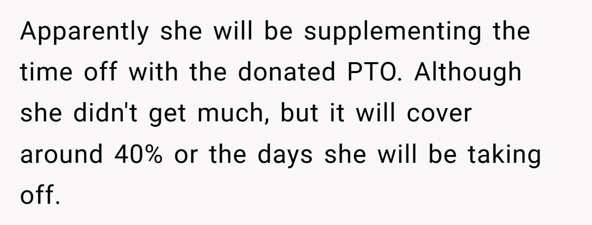 Apparently she will be supplementing the time off with the donated PTO. Although she didn't get much, but it will cover around 40% or the days she will be taking...