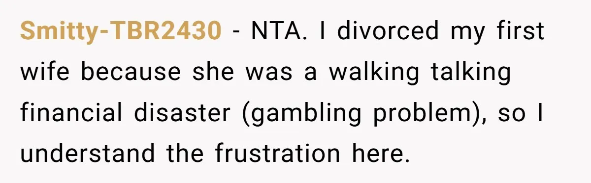 Smitty-TBR2430 − NTA. I divorced my first wife because she was a walking talking financial disaster (gambling problem), so I understand the frustration here.