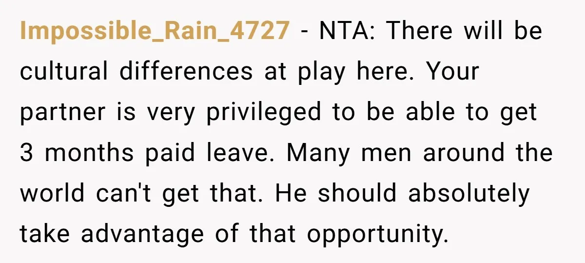Impossible_Rain_4727 − NTA: There will be cultural differences at play here. Your partner is very privileged to be able to get 3 months paid leave. Many men around the world...