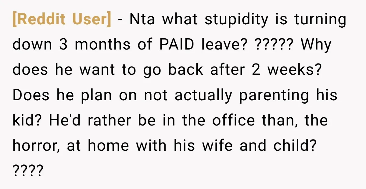 [Reddit User] − Nta what stupidity is turning down 3 months of PAID leave? ????? Why does he want to go back after 2 weeks? Does he plan on not...