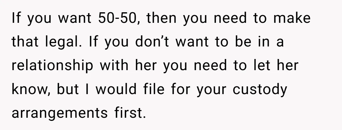 If you want 50-50, then you need to make that legal. If you don’t want to be in a relationship with her you need to let her know, but I...