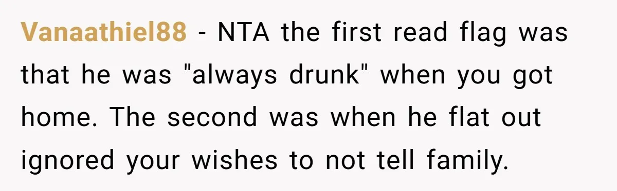 Vanaathiel88 − NTA the first read flag was that he was "always drunk" when you got home. The second was when he flat out ignored your wishes to not tell...