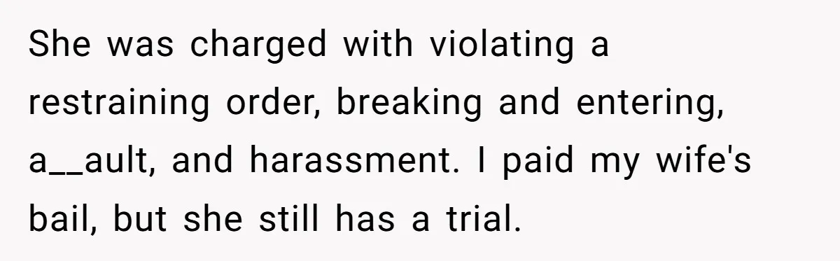 She was charged with violating a restraining order, breaking and entering, a__ault, and harassment. I paid my wife's bail, but she still has a trial.