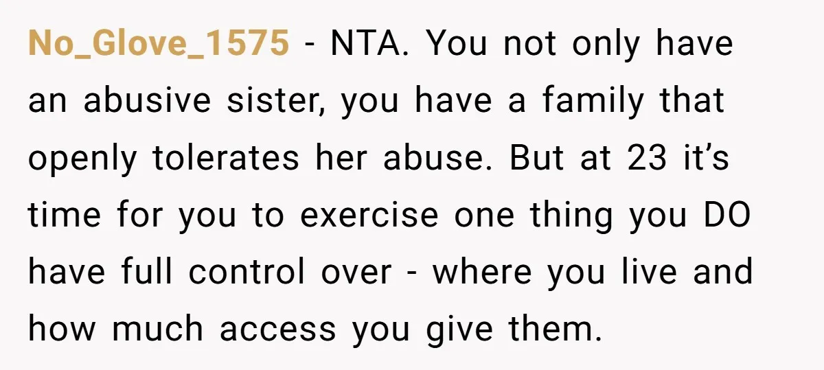No_Glove_1575 − NTA. You not only have an abusive sister, you have a family that openly tolerates her abuse. But at 23 it’s time for you to exercise one thing...