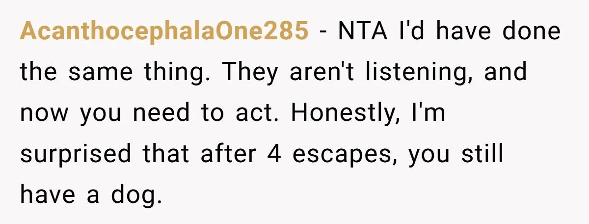 AcanthocephalaOne285 − NTA I'd have done the same thing. They aren't listening, and now you need to act. Honestly, I'm surprised that after 4 escapes, you still have a dog.