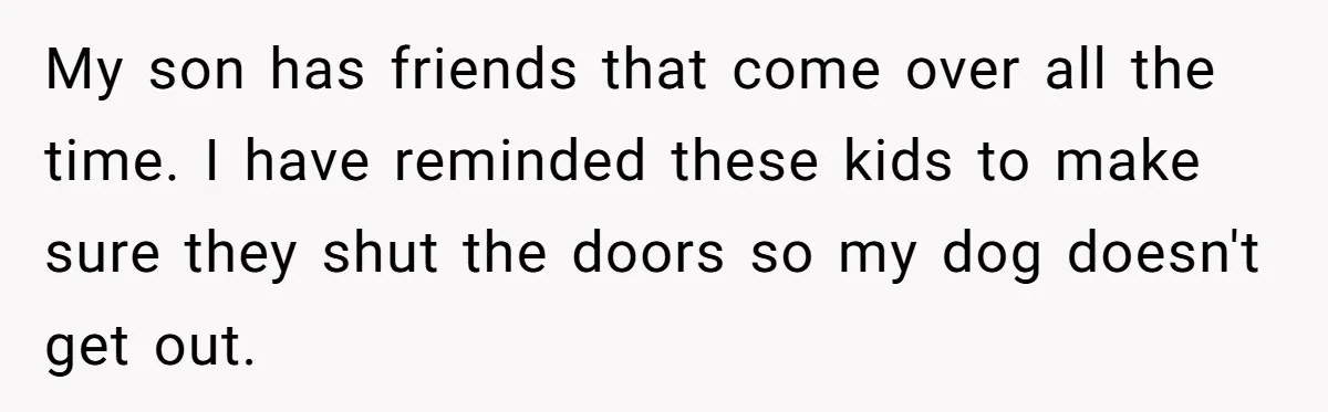 My son has friends that come over all the time. I have reminded these kids to make sure they shut the doors so my dog doesn't get out.