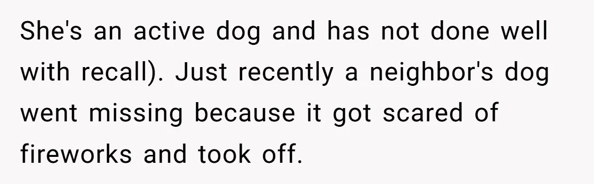 She's an active dog and has not done well with recall). Just recently a neighbor's dog went missing because it got scared of fireworks and took off.