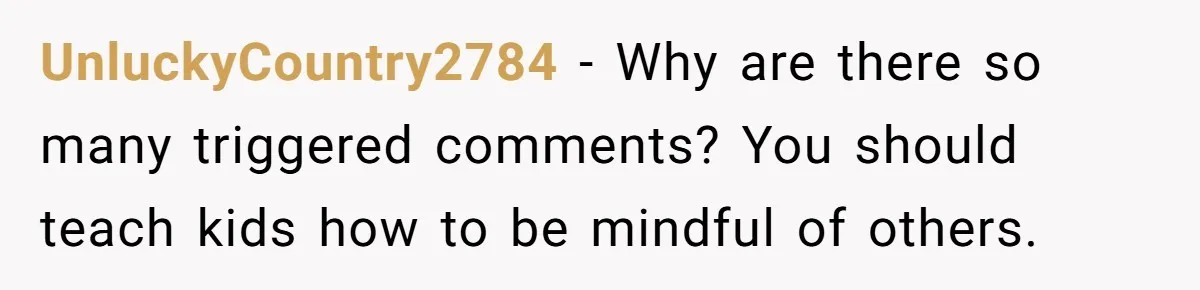 UnluckyCountry2784 − Why are there so many triggered comments? You should teach kids how to be mindful of others.