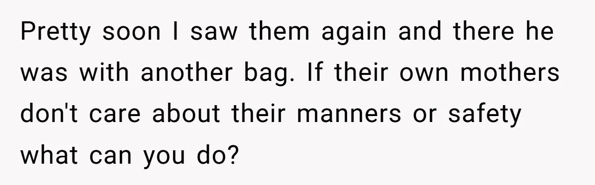 Pretty soon I saw them again and there he was with another bag. If their own mothers don't care about their manners or safety what can you do?