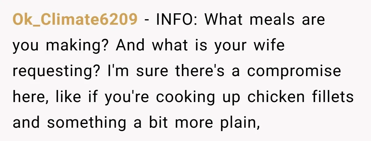 Ok_Climate6209 − INFO: What meals are you making? And what is your wife requesting? I'm sure there's a compromise here, like if you're cooking up chicken fillets and something a...