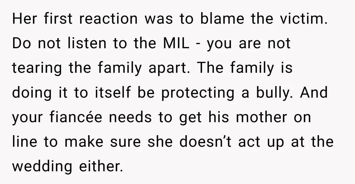 Her first reaction was to blame the victim. Do not listen to the MIL - you are not tearing the family apart. The family is doing it to itself be...