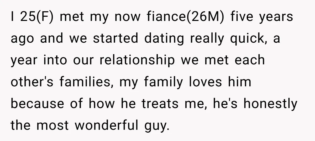 I 25(F) met my now fiance(26M) five years ago and we started dating really quick, a year into our relationship we met each other's families, my family loves him because...