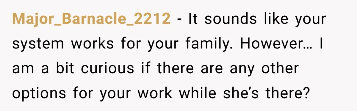 Major_Barnacle_2212 - It sounds like your system works for your family. However… I am a bit curious if there are any other options for your work while she’s there?