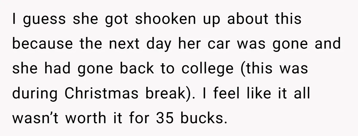 I guess she got shooken up about this because the next day her car was gone and she had gone back to college (this was during Christmas break). I feel...
