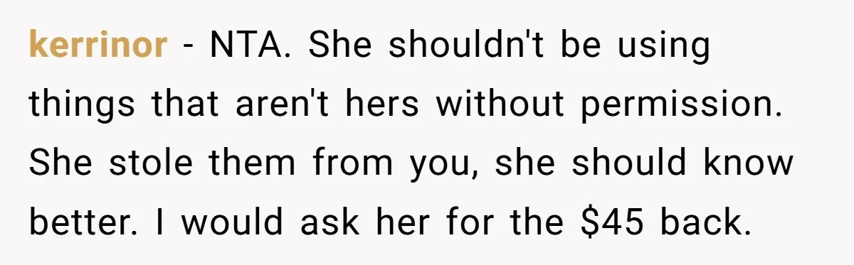 kerrinor − NTA. She shouldn't be using things that aren't hers without permission. She stole them from you, she should know better. I would ask her for the $45 back.