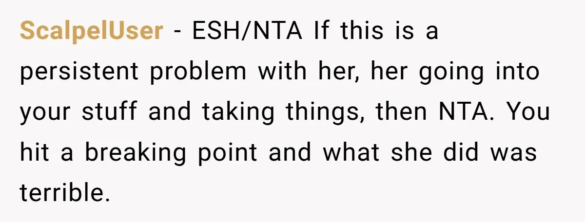 ScalpelUser − ESH/NTA If this is a persistent problem with her, her going into your stuff and taking things, then NTA. You hit a breaking point and what she did...