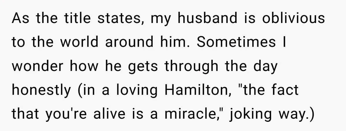 As the title states, my husband is oblivious to the world around him. Sometimes I wonder how he gets through the day honestly (in a loving Hamilton, "the fact that...