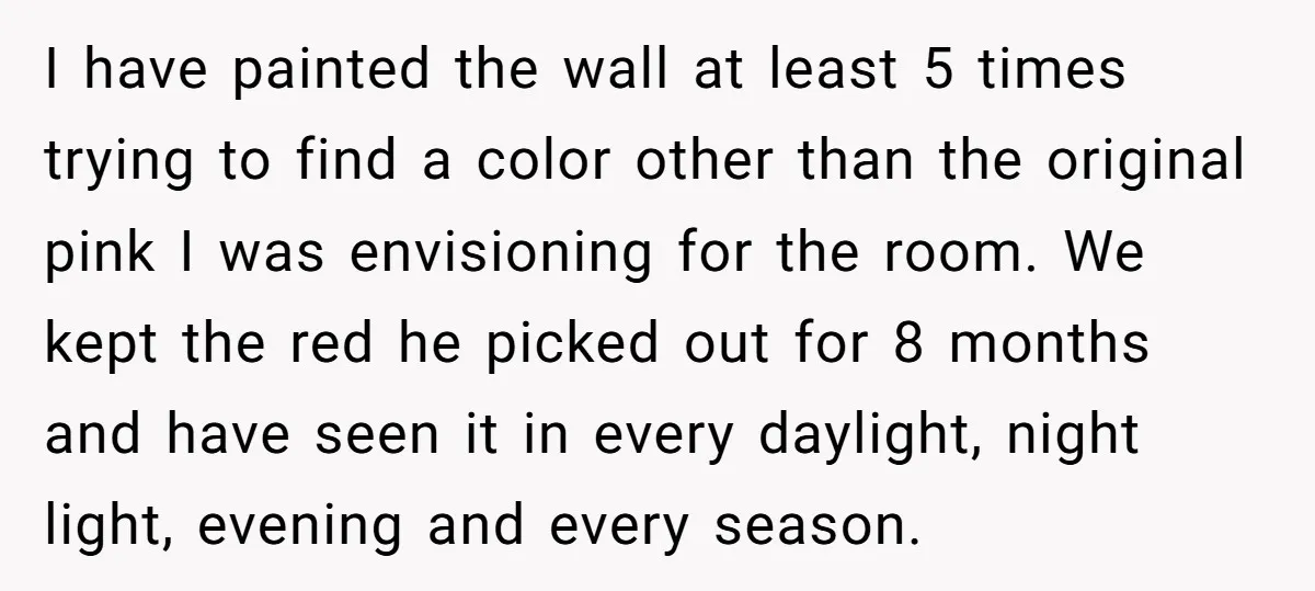 I have painted the wall at least 5 times trying to find a color other than the original pink I was envisioning for the room. We kept the red he...