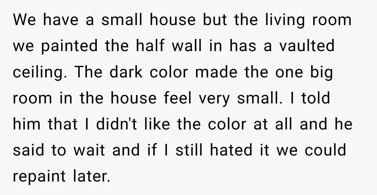 We have a small house but the living room we painted the half wall in has a vaulted ceiling. The dark color made the one big room in the house...