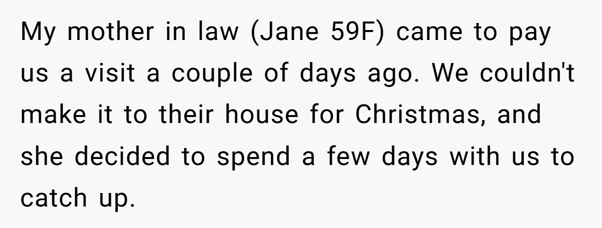 My mother in law (Jane 59F) came to pay us a visit a couple of days ago. We couldn't make it to their house for Christmas, and she decided to...