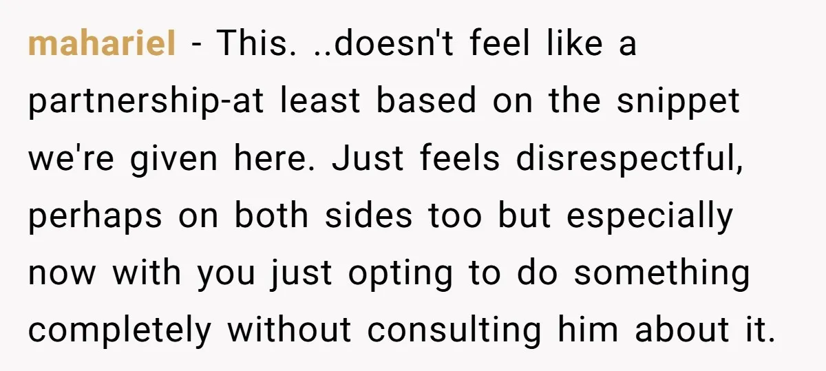 maharieI − This. ..doesn't feel like a partnership-at least based on the snippet we're given here. Just feels disrespectful, perhaps on both sides too but especially now with you just...