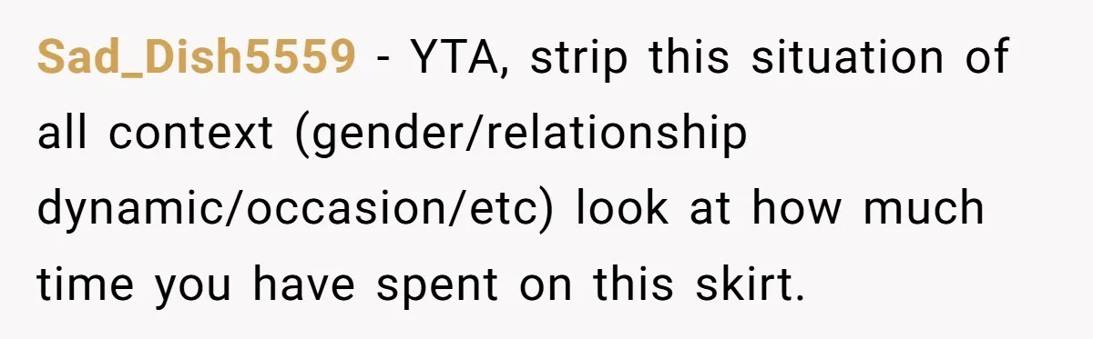 Sad_Dish5559 − YTA, strip this situation of all context (gender/relationship dynamic/occasion/etc) look at how much time you have spent on this skirt.