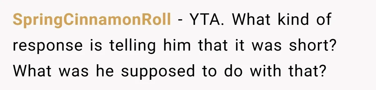 SpringCinnamonRoll − YTA. What kind of response is telling him that it was short? What was he supposed to do with that?