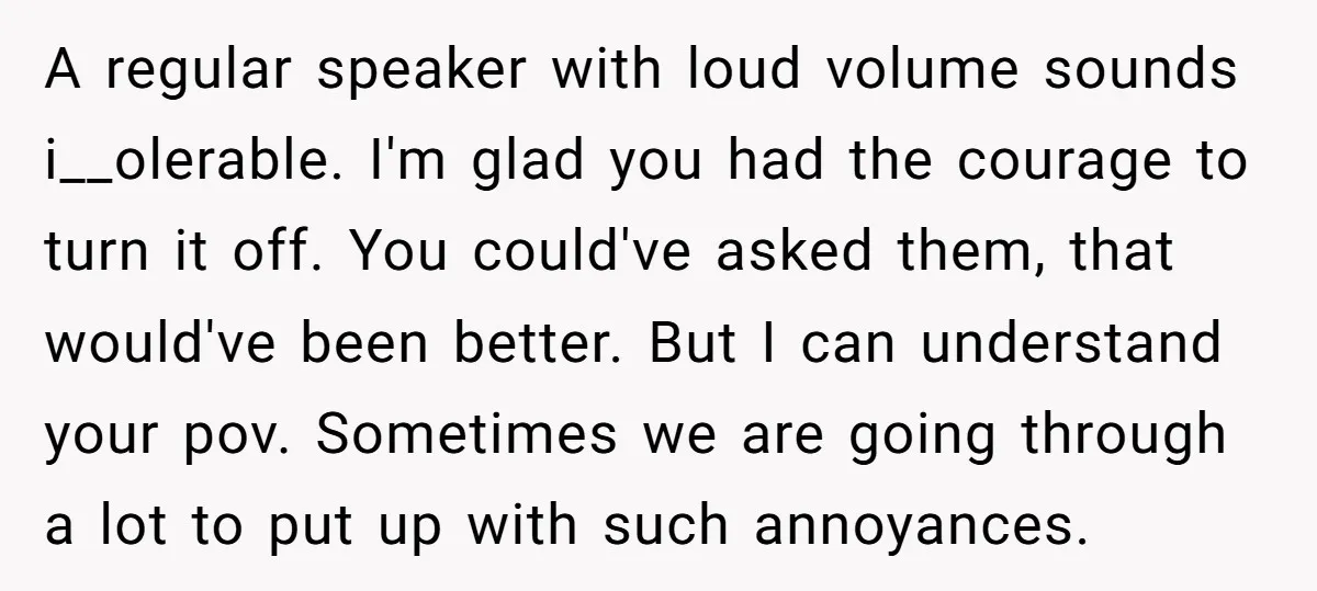A regular speaker with loud volume sounds i__olerable. I'm glad you had the courage to turn it off. You could've asked them, that would've been better. But I can understand...