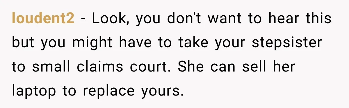 loudent2 − Look, you don't want to hear this but you might have to take your stepsister to small claims court. She can sell her laptop to replace yours.