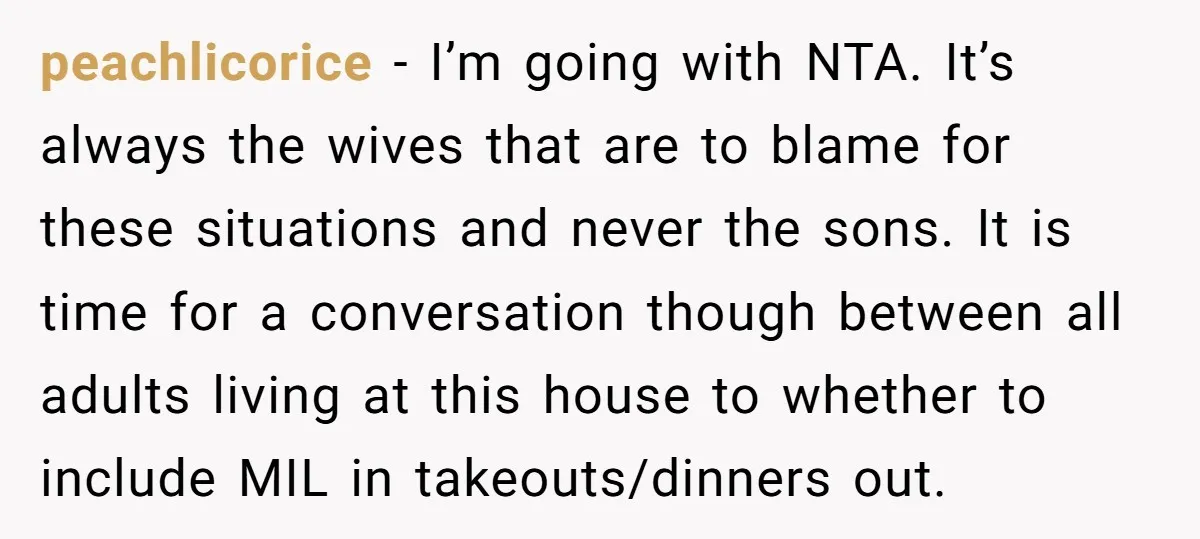 peachlicorice − I’m going with NTA. It’s always the wives that are to blame for these situations and never the sons. It is time for a conversation though between all...