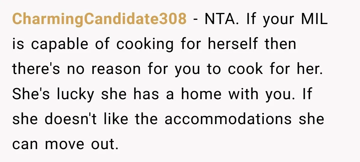 CharmingCandidate308 − NTA. If your MIL is capable of cooking for herself then there's no reason for you to cook for her. She's lucky she has a home with you....